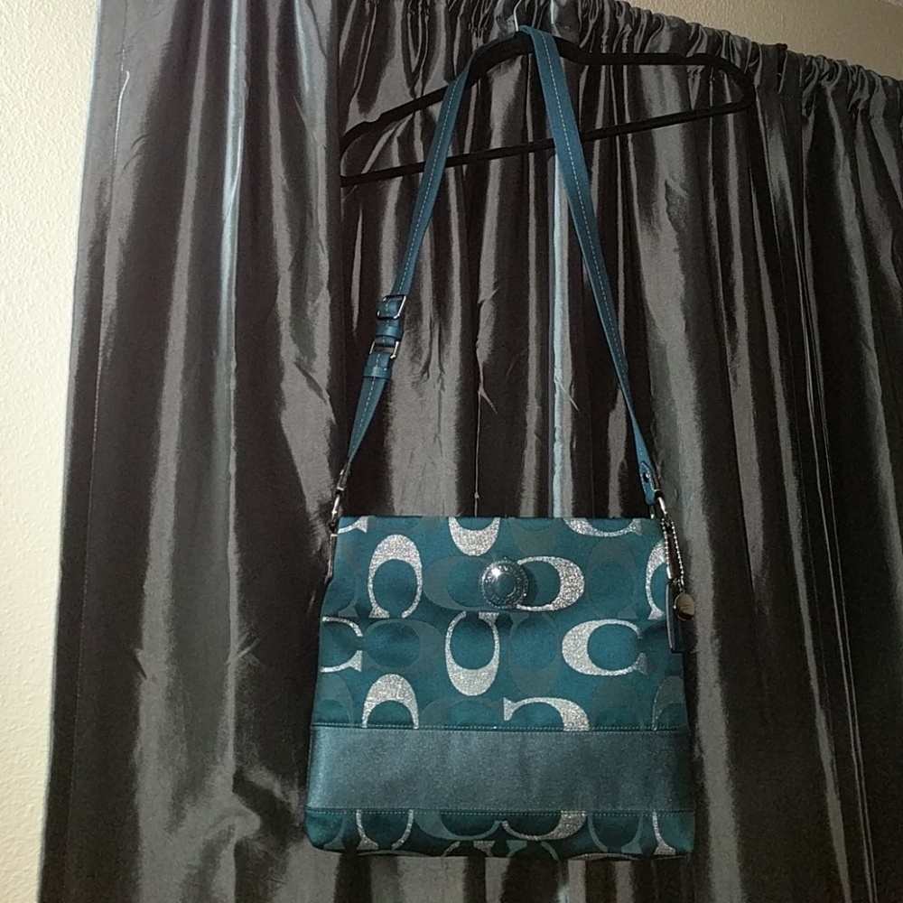 Coach signature crossbody stripe purse teal